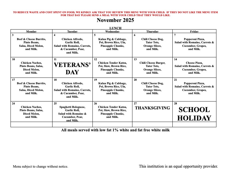 25 November Lunch Menu